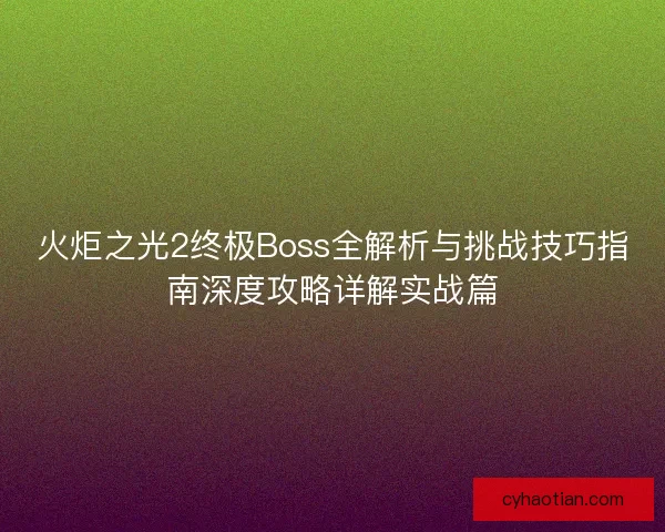 火炬之光2终极Boss全解析与挑战技巧指南深度攻略详解实战篇
